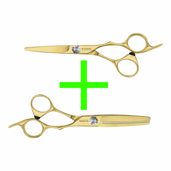 Kyone 710 Gold Schneideschere / Haarschere - 5,5" + Kyone 710T Ausdünnungsschere / Effilierschere - 6,0" - 40 Zähne