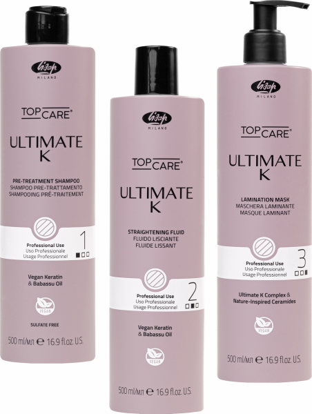 Lisap Ultimate K Pre-Treatment Shampoo + Straightening Fluid + Lamination Mask - Haarglättungs-Fluid inkl. Vorbehandlung & Nachbehandlung - 3x 500 ml